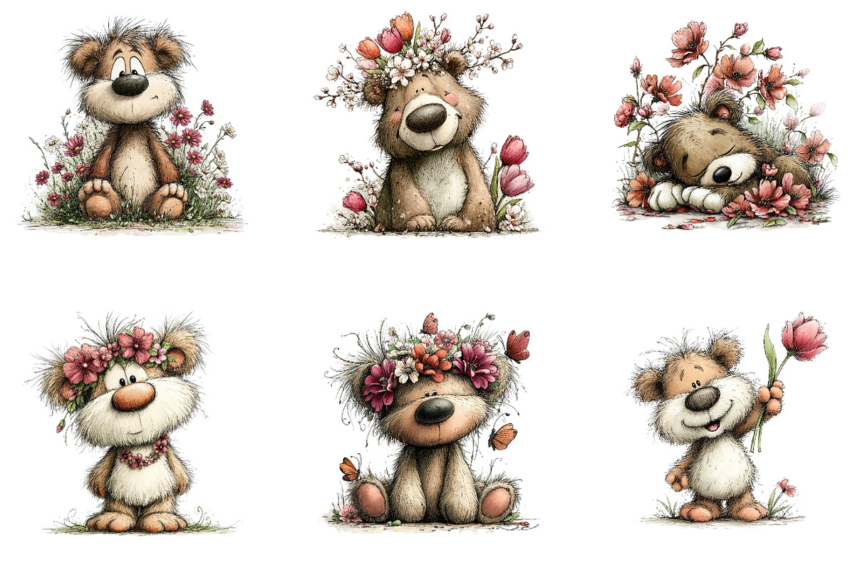 Whimsical Bear Spring Floral Clipart, an Illustration by CreationArt (Photo 3 of 5)