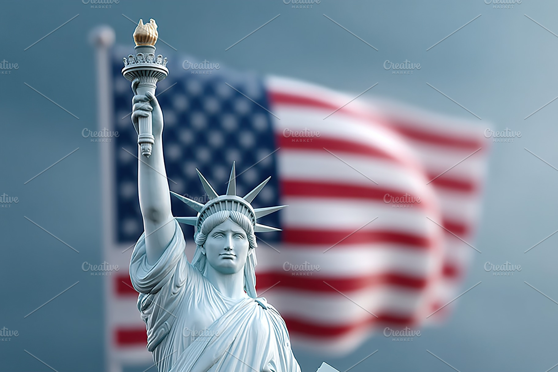 Statue of Liberty stands tall with United States flag waving in the background, a Holiday Photo by AlyaAnd