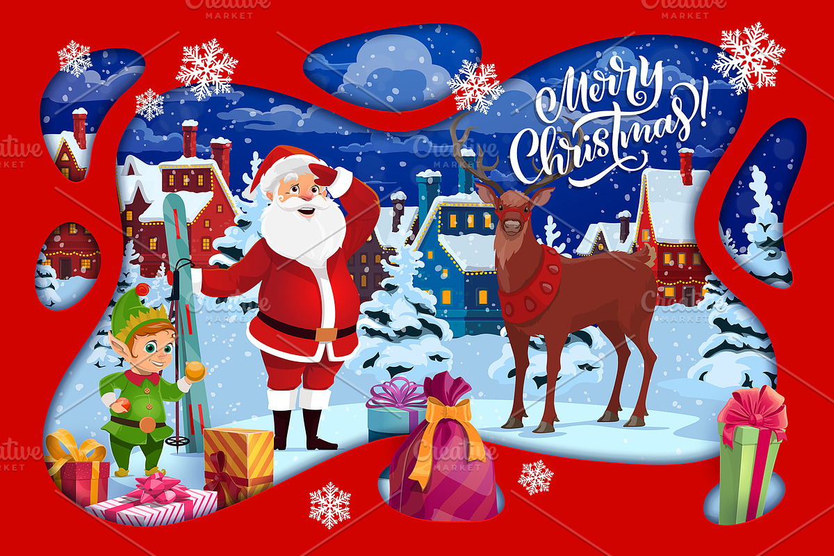 Merry Christmas paper cut banner, an Illustration by Vector Tradition (Photo 1 of 3)