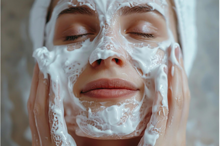 Young woman applying cleansing foam, a Beauty & Fashion Photo by Ylivdesign