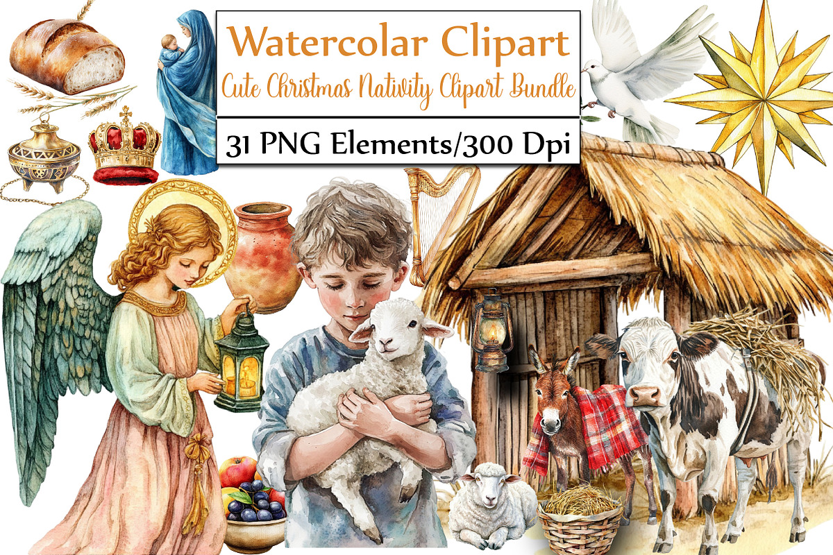 Cute Christmas Nativity Clipart Bund, an Illustration by DreamCafeArt (Photo 1 of 6)