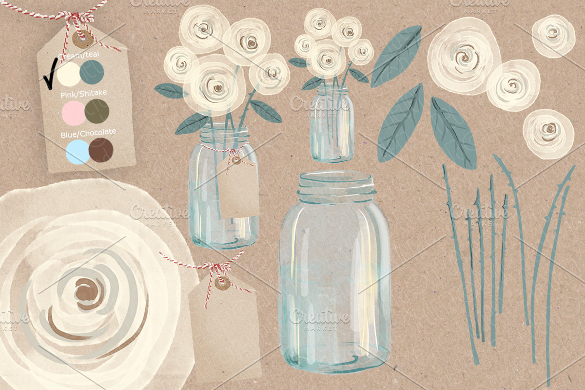 Watercolor cream roses mason jar, a Decorative Illustration by ...