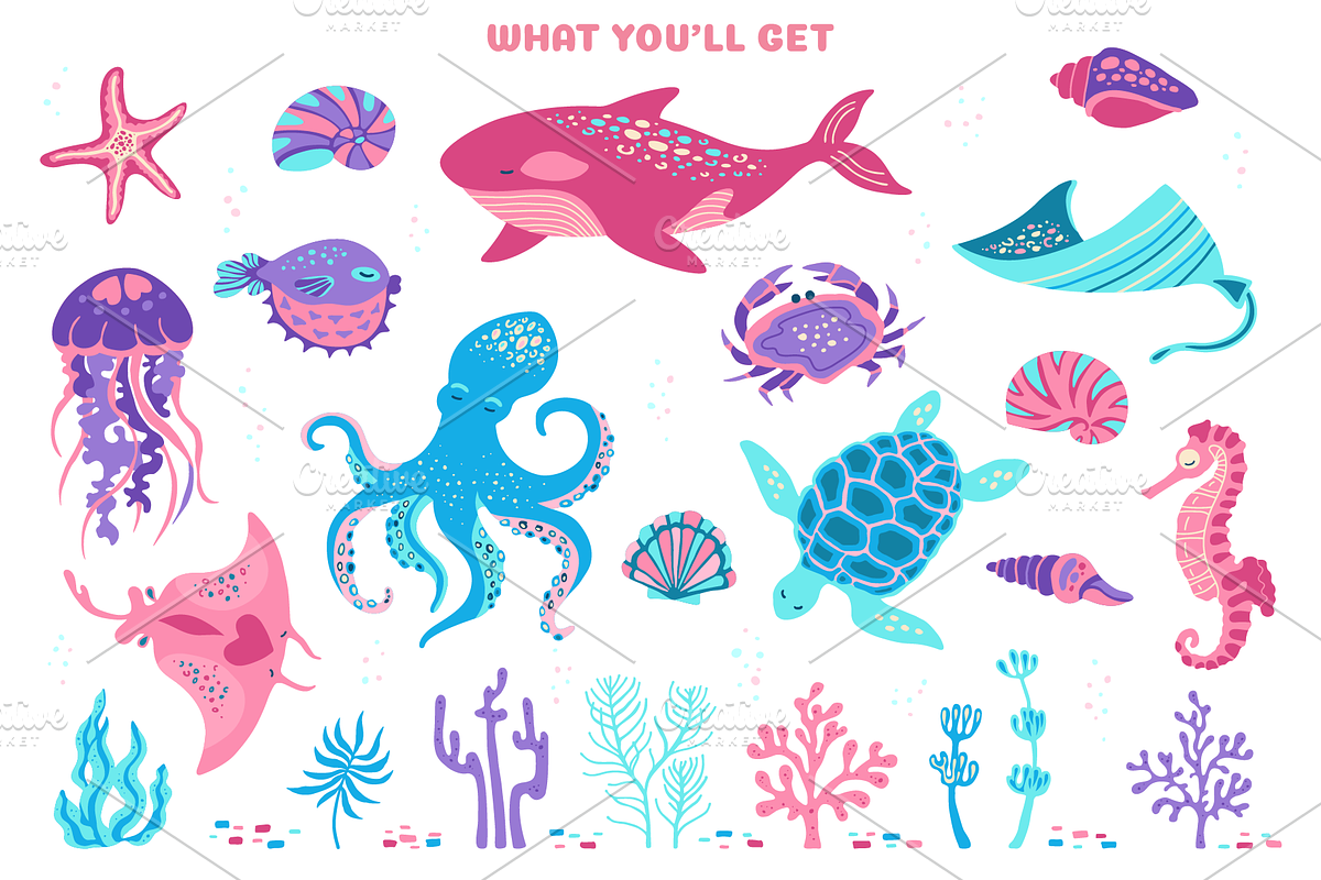 Sea Animals Marine Art Vector Set, an Animal Illustration by Neliakott ♥ (Photo 4 of 11)
