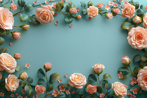 A stunning arrangement of blush roses and delicate blossoms on a soft teal back, a Business Photo by ImageMir