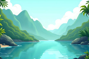 Quiet Lagoon With Mountains And Trop, a Photo by LOGOCREATIVE