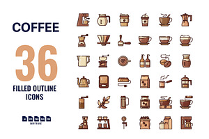 36 Coffee Filled Outline Icons