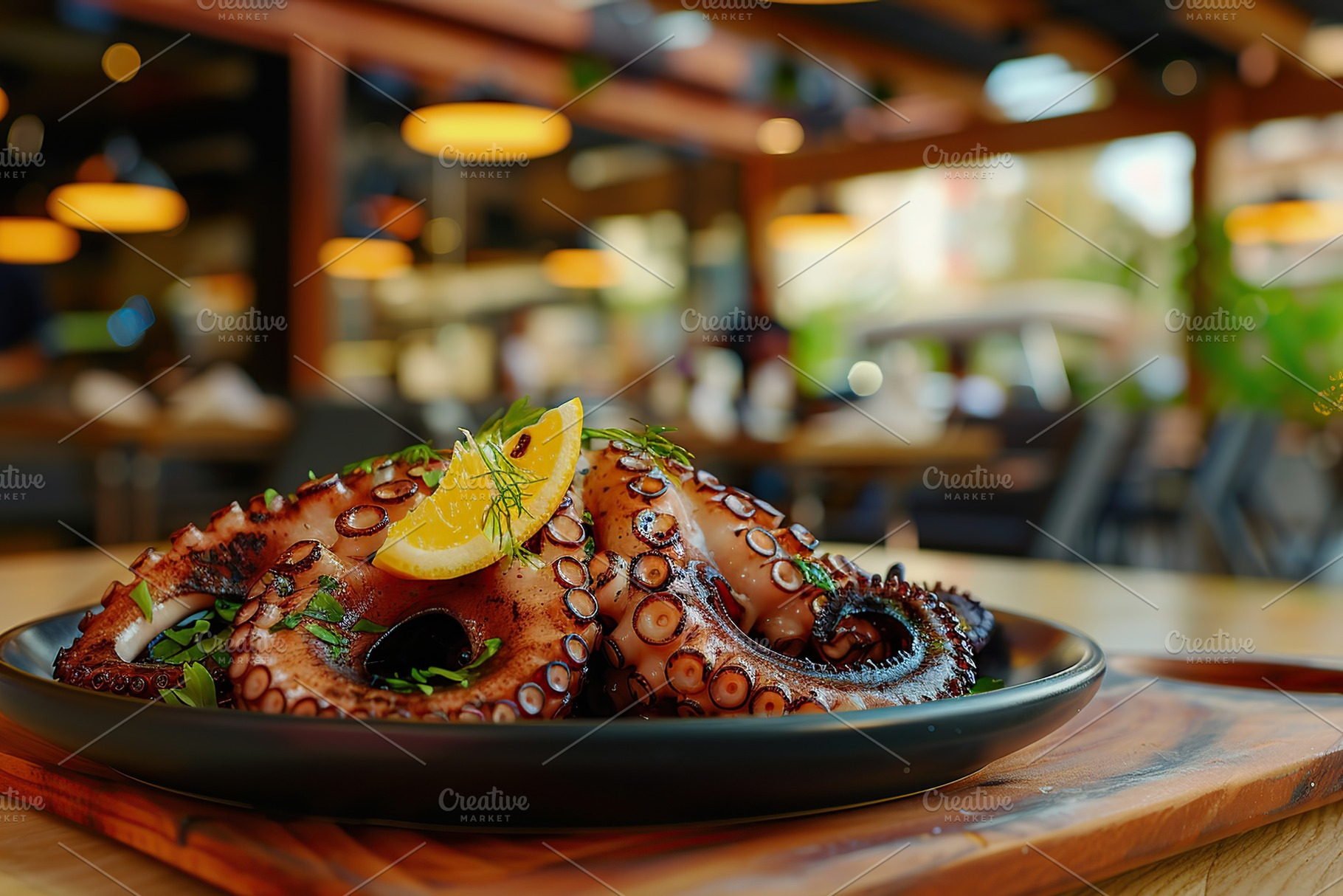 Grilled octopus leg in plate on blurred restaurant background, a Food & Drink Photo by AlyaAnd
