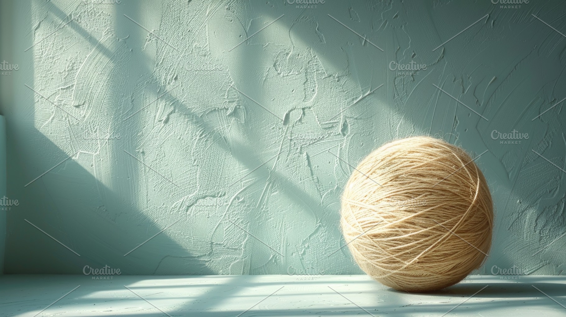 Beige Ball of Yarn on Textured Mint Wall with Sunlight, a Background Photo by José Manuel Gelpi