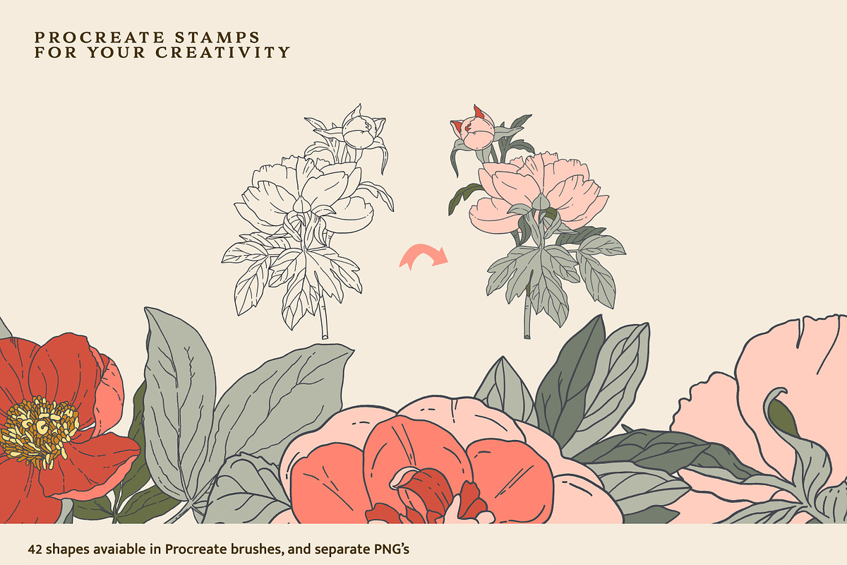 Peony stamp brush set for Procreate, a Brush Add-On by Pink Studio Art