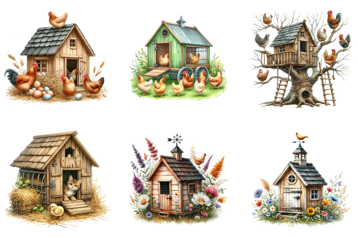 Watercolor Chicken Coop Clipart, a Seasonal Illustration by DreamArtGraphic (Photo 4 of 4)