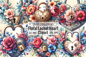 Watercolor Floral Locket Heart Clipa, an Illustration by CraftArtStudio