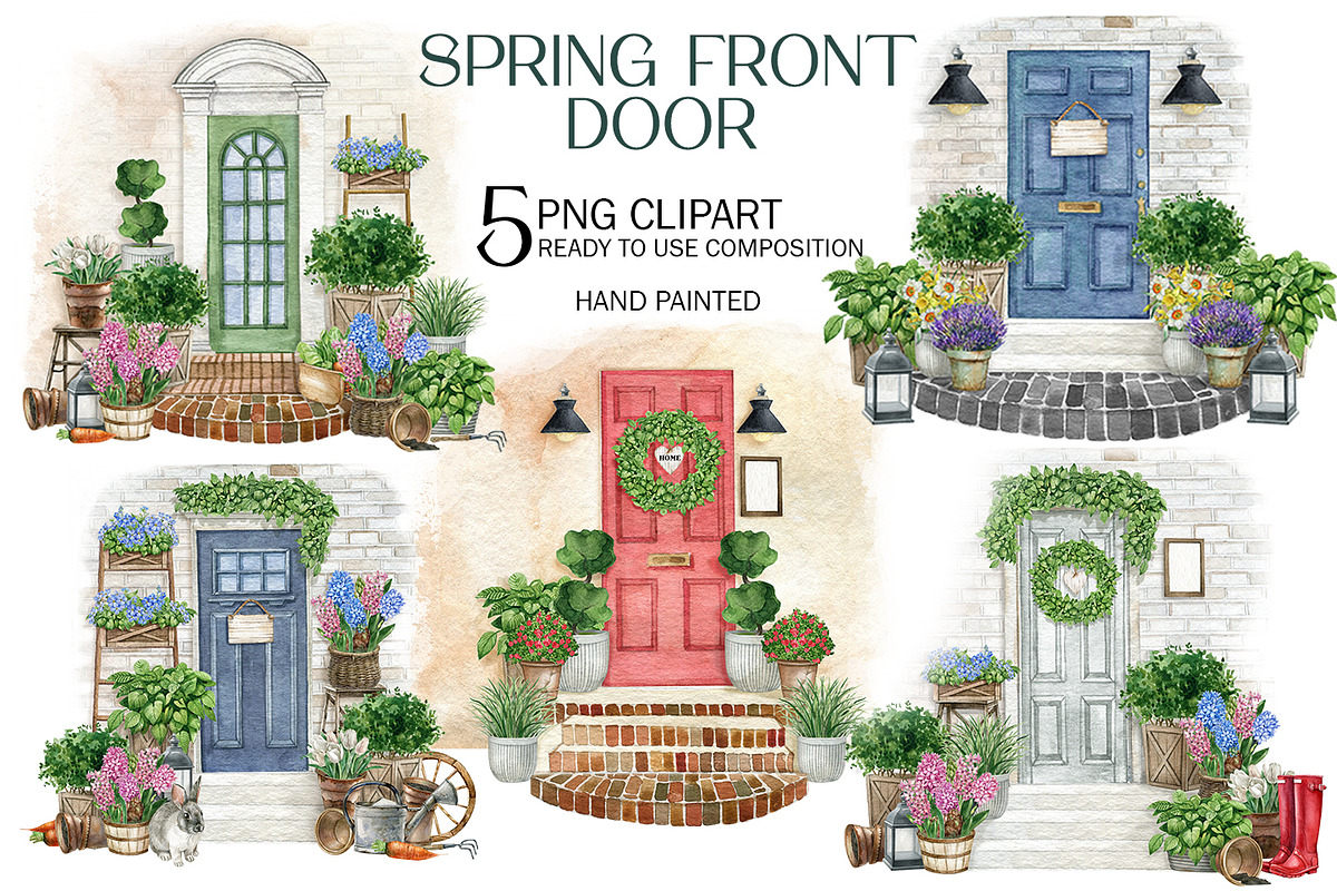 Watercolor spring front door clipart, an Object Illustration by yana.fefelova (Photo 1 of 4)