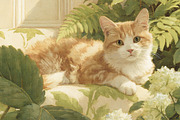 Ginger cat relaxing in a lush summer garden, fine art painting o, an Illustration by Studio ANNA (Thumbnail 2 of 2)