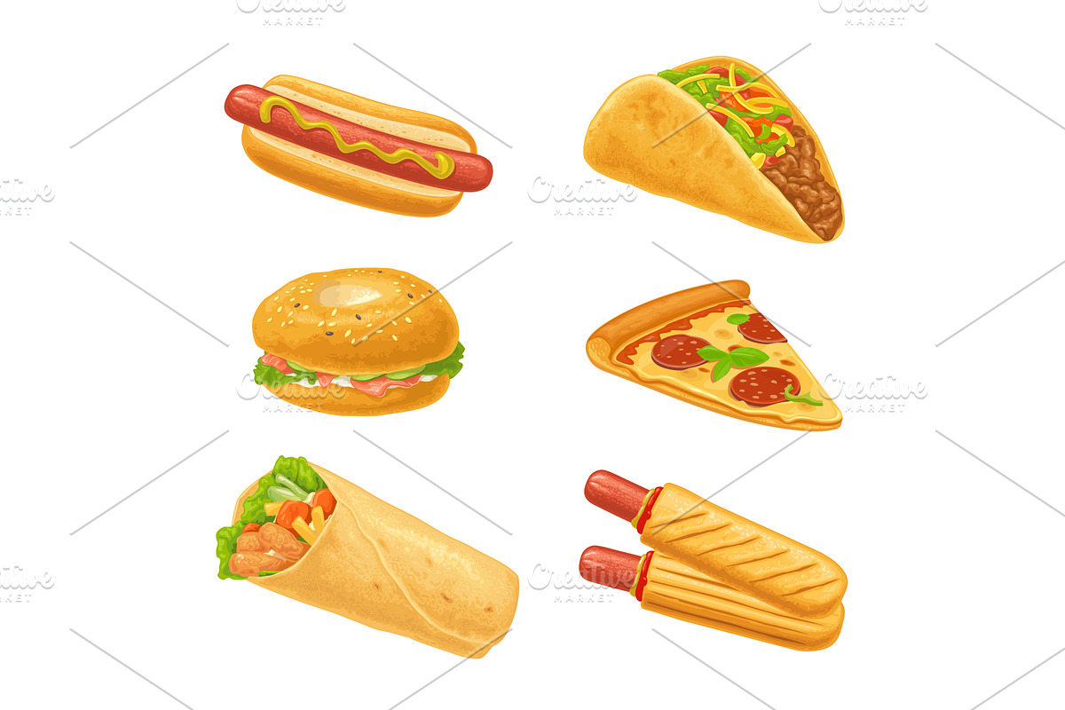 Burrito, hamburger, pizza, bagel, a Food Illustration by MoreVector