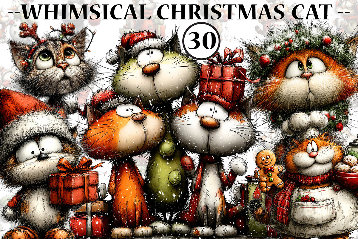 Whimsical Christmas Cat Clipart, an Illustration by CreationArt (Photo 1 of 5)