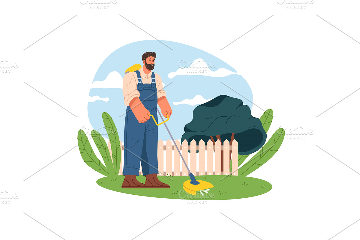 Gardener mowing grass flat vector, an Illustration by Elegant Solution