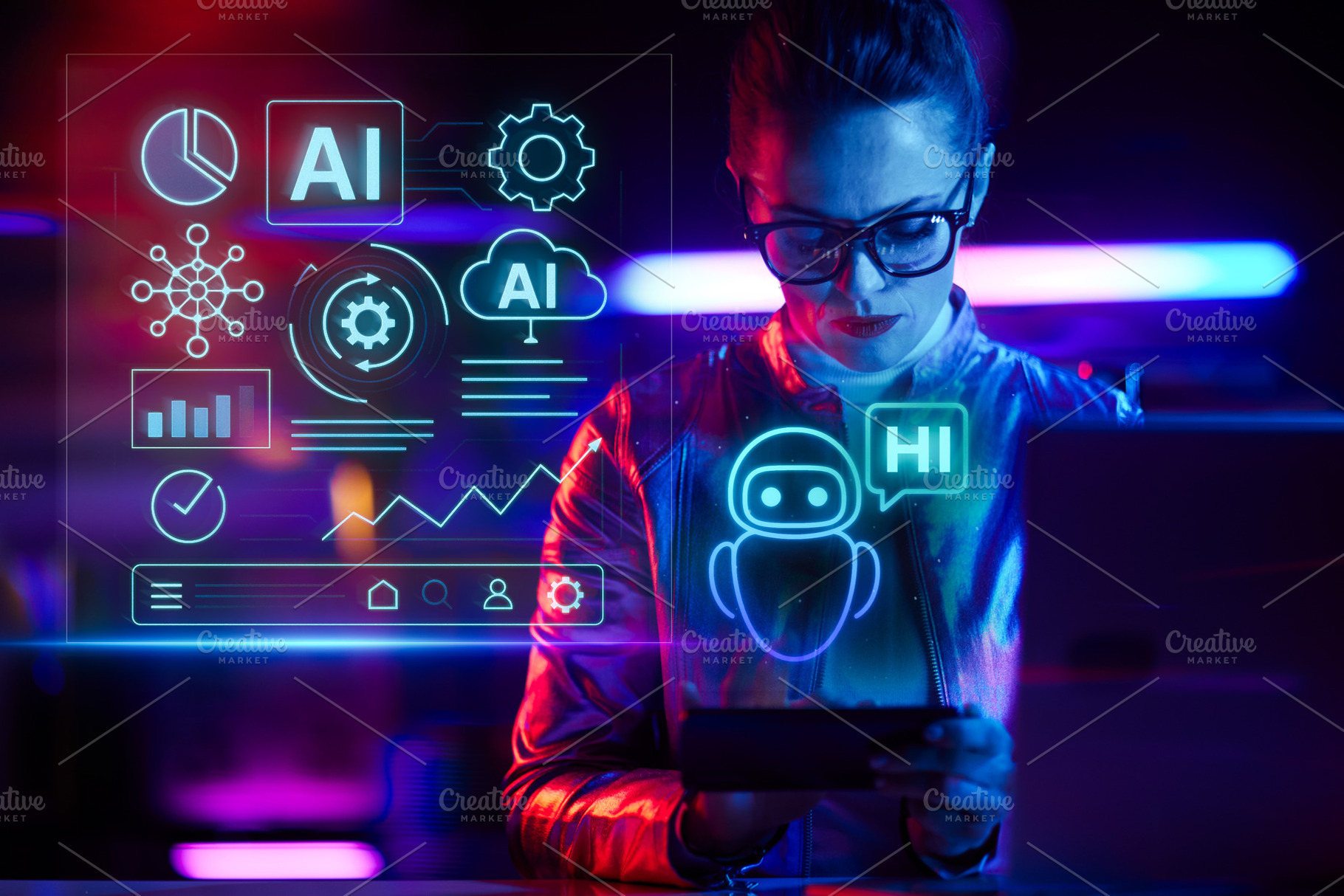 pensive trendy woman in glasses with laptop using smartphone, a Technology Photo by Alliance Images