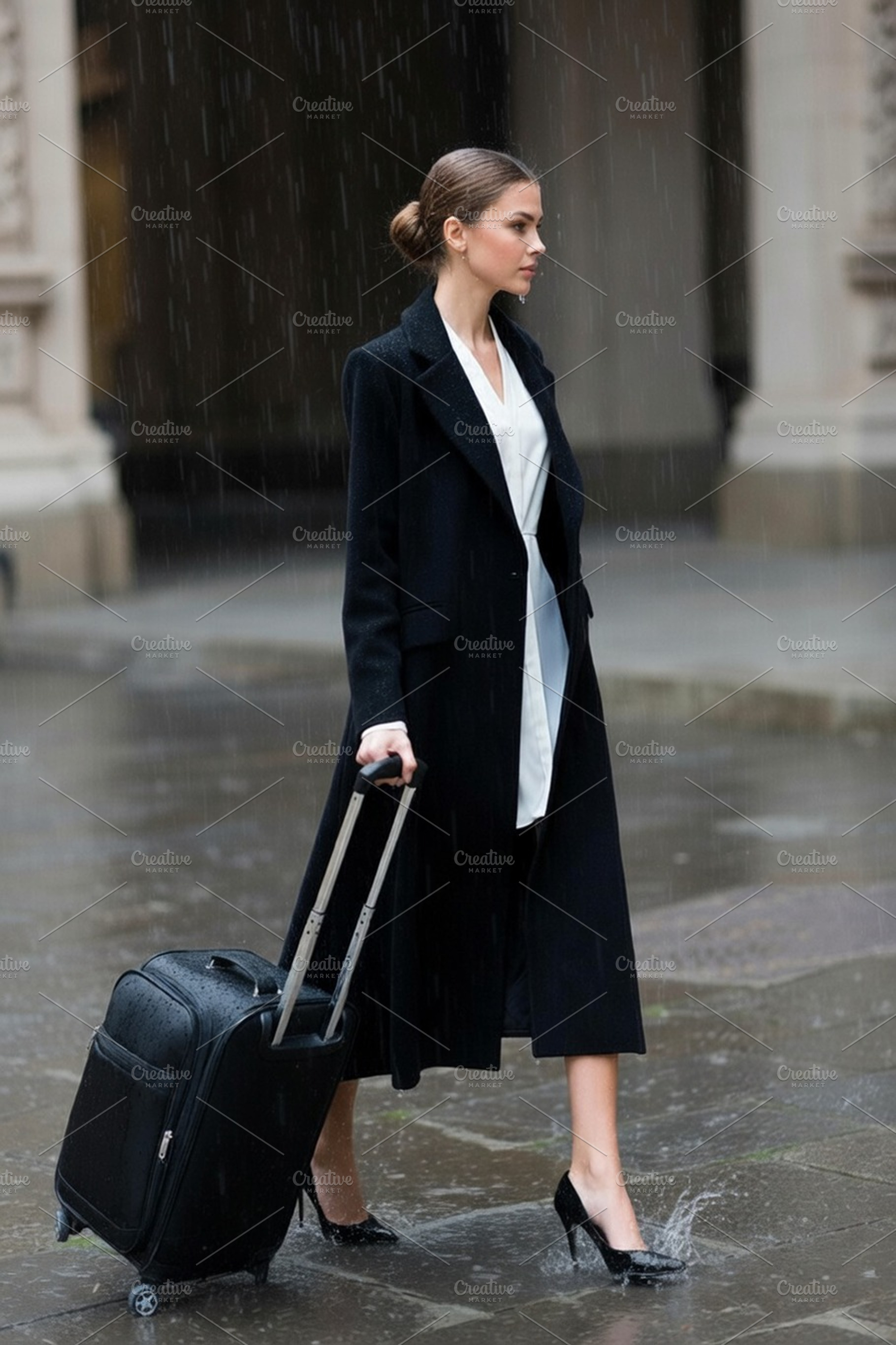beautiful young woman walks on sideway in city center with suitc, a Photo by WorldOfPhotos