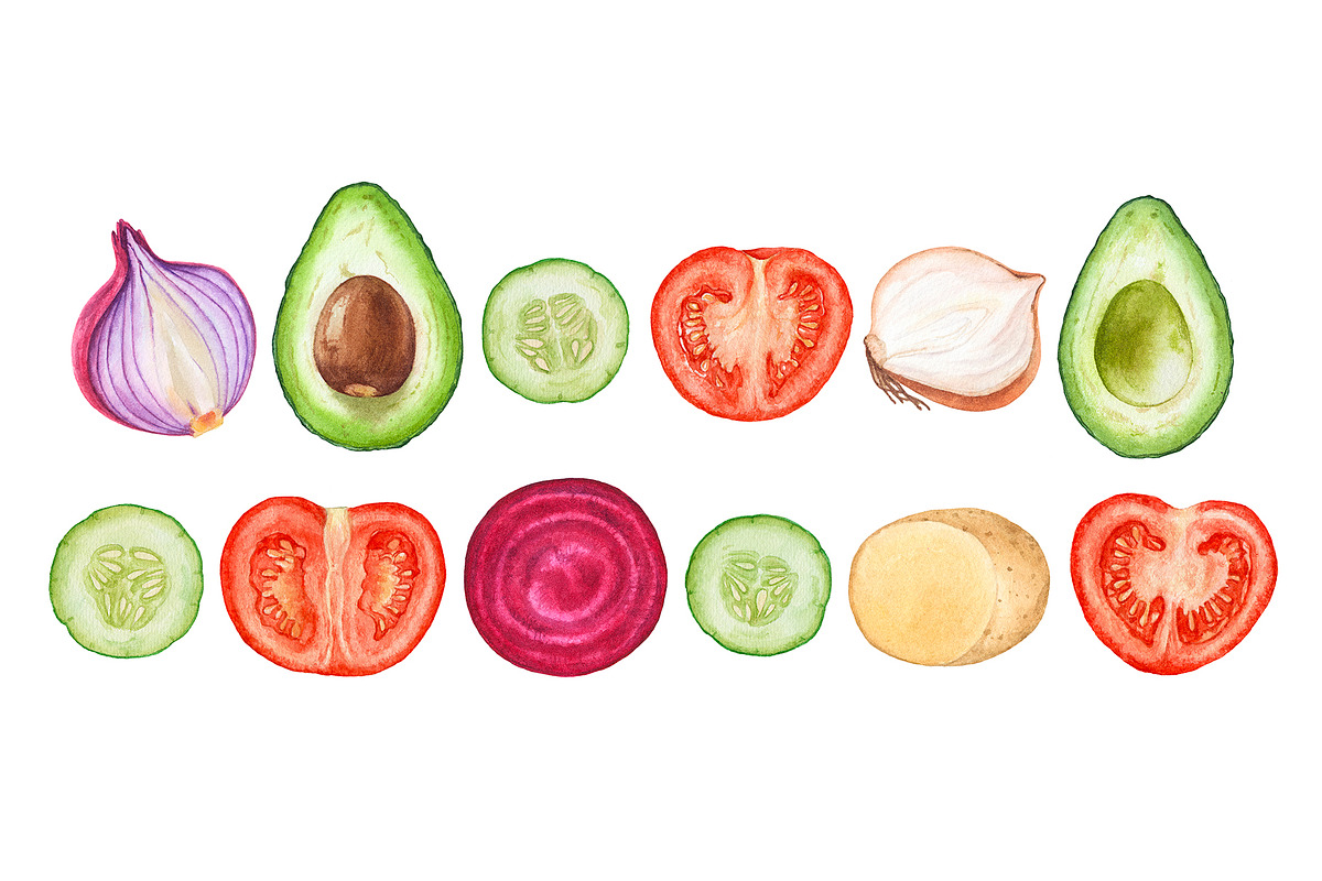 Watercolor fruit&vegetable slices, a Food Illustration by Katya Zlobina (Photo 2 of 14)