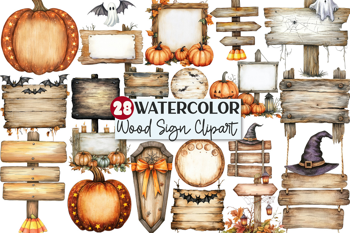 Halloween Wood Sign Clipart, an Illustration by Rose Art (Photo 1 of 7)