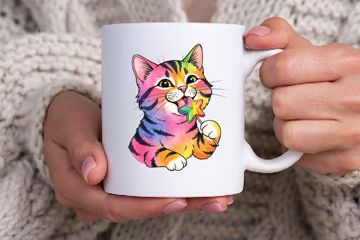 Adorable Rainbow Cute Cat Clipart, an Illustration by Watercolor design (Photo 4 of 6)
