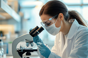 Female scientist with face mask looking on a petri dish under a, a Health & Medical Photo by AlyaAnd