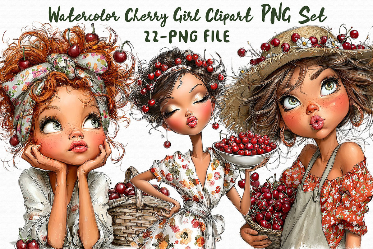 Watercolor Cherry Girl Clipart PNG, an Illustration by Libby Wishes (Photo 1 of 4)