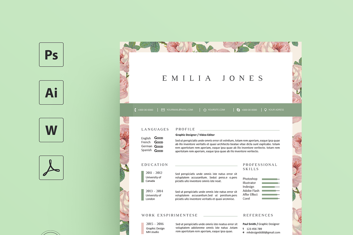 Floral Resume Template / CV template, a Resume Template by MH Design Template (Photo 2 of 4)