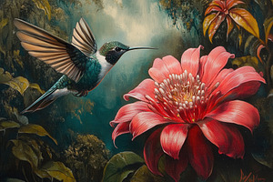 A hummingbird with pink flower, a Photo by Pavel_design