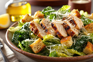 Fresh caesar salad with grilled chicken and croutons, a Food & Drink Photo by AlyaAnd