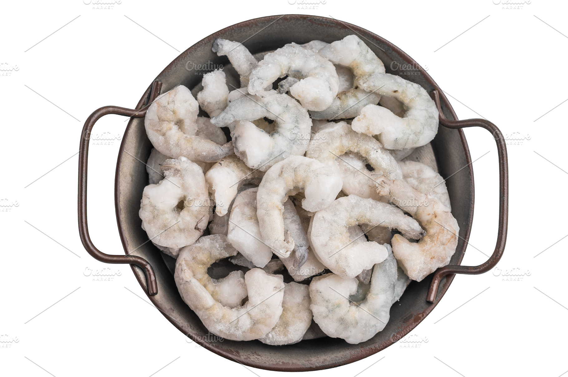 Top view of frozen raw prawns shrimp in a rustic metal bowl, iso, a Food & Drink Photo by composter-box@mail.ru