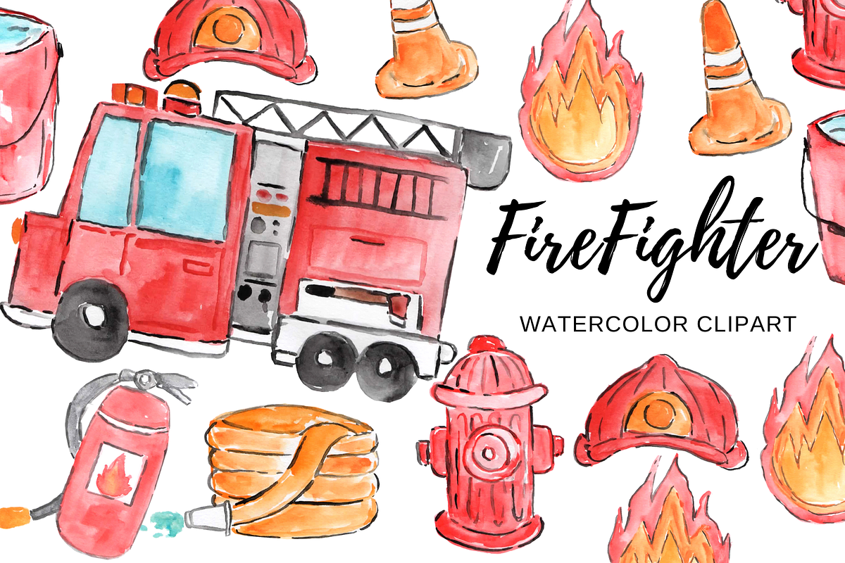 Watercolor firefighter clipart, an Illustration by Writelovely (Photo 1 of 2)