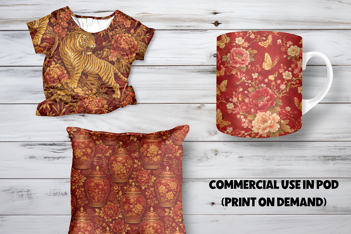Red Gold Chinoiserie Digital Papers, a Pattern Graphic by LA Design (Photo 7 of 10)