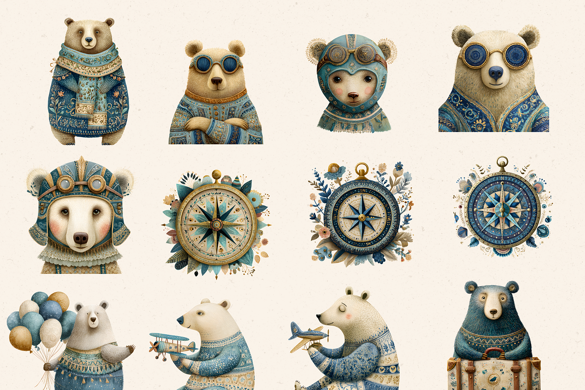 BLUE FOLK BEAR BABY SHOWER CLIPART, an Animal Illustration by Daring Digies (Photo 4 of 9)