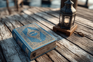 Blue Quran book with gold details, a Background Photo by shahsoft