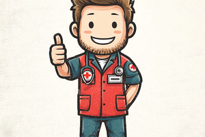 Cartoon paramedic smiling and giving thumbs up, wearing red medi, a Person Photo by José Manuel Gelpi