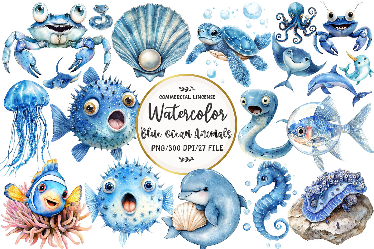 Watercolor Blue Ocean Animals Clipar, an Illustration by OK Design (Photo 1 of 5)