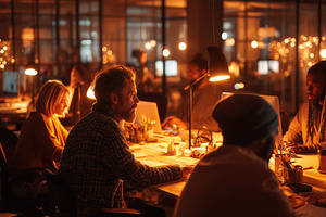 A dimly lit office space with several people working at desks. Warm light from, a Person Photo by Textures & Backgrounds