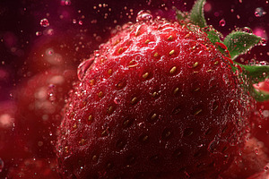 Close-up of a ripe strawberry with water droplets, vibrant color, an Abstract Photo by Ales Munt