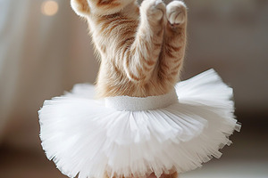 Ginger cat joyfully standing on hind legs in a playful tutu, an Animal Photo by AlyaAnd