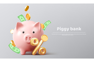 Pink 3d piggy bank with money, an Object Illustration by art PVP - market