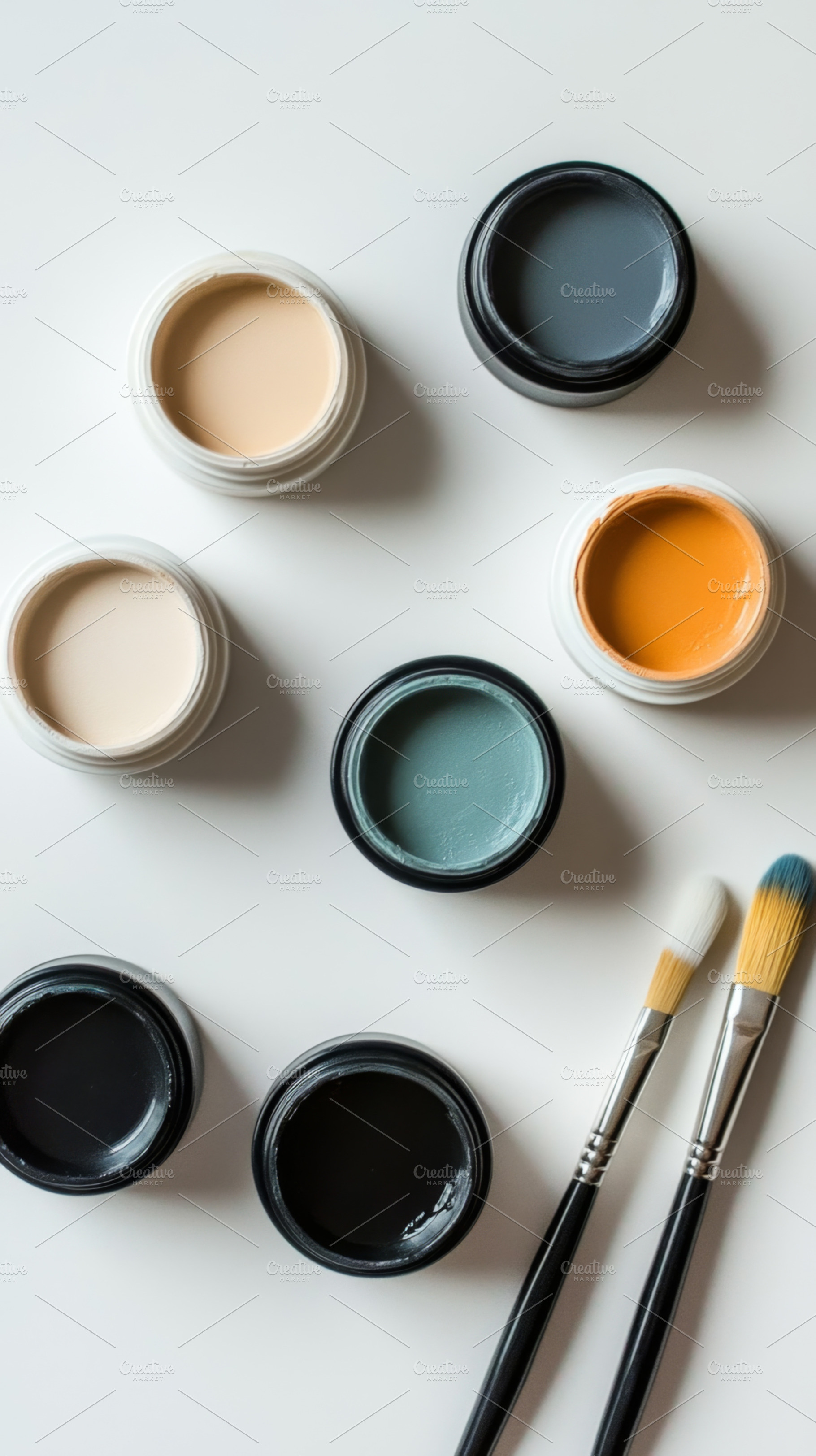 Open Paint Jars with Brushes on White Background, an Abstract Photo by Natalia Klenova's Shop