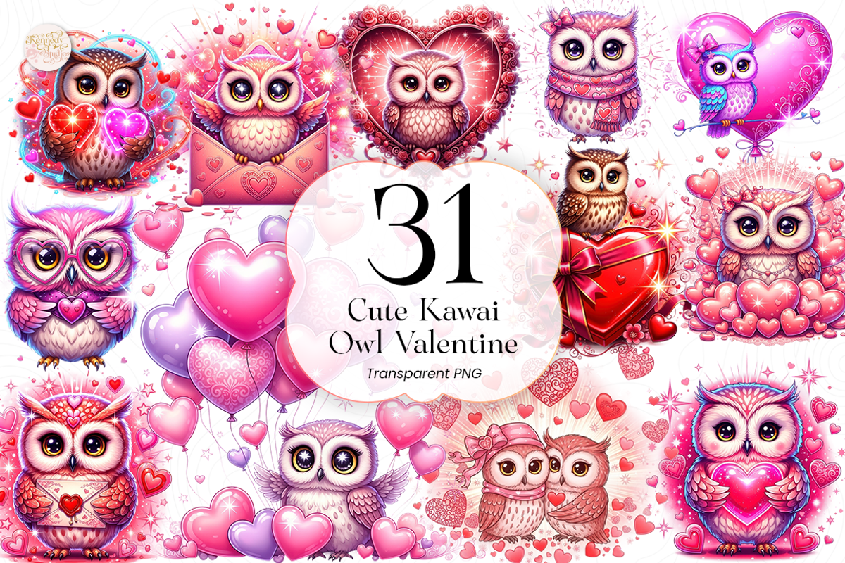 Cute Kawaii Owl PNG Clipart Bundle, an Animal Illustration by KennedyStudio (Photo 1 of 5)