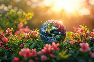 Planet Earth surrounded by pink flowers in lush greenery under w, a Nature Photo by José Manuel Gelpi