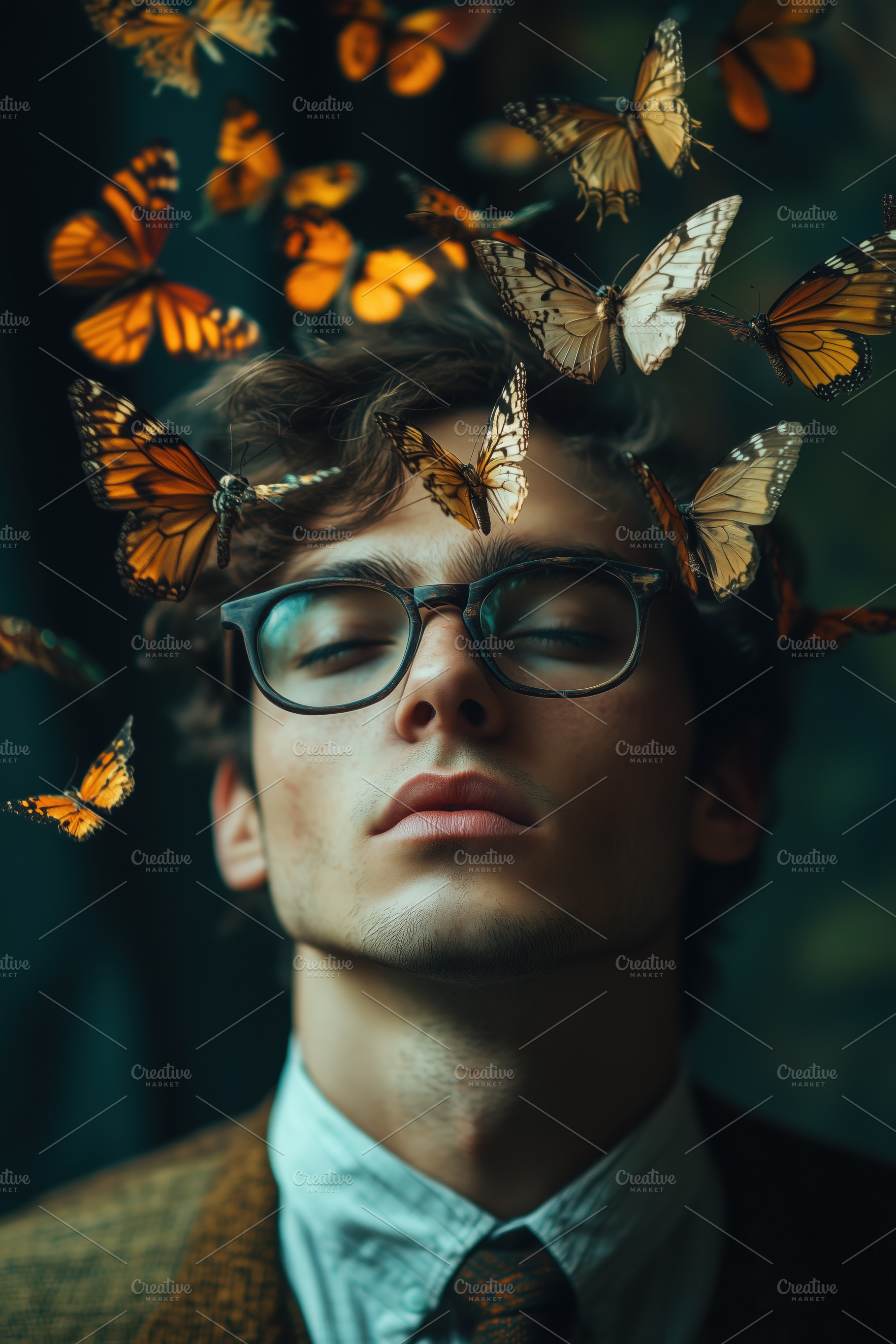 A young psycholinguist man with glasses, eyes closed, surrounded by floating bu, a Person Photo by Textures & Backgrounds