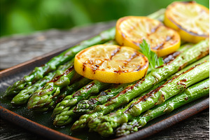 Grilled asparagus and lemon slices, a Food & Drink Photo by Lermont51
