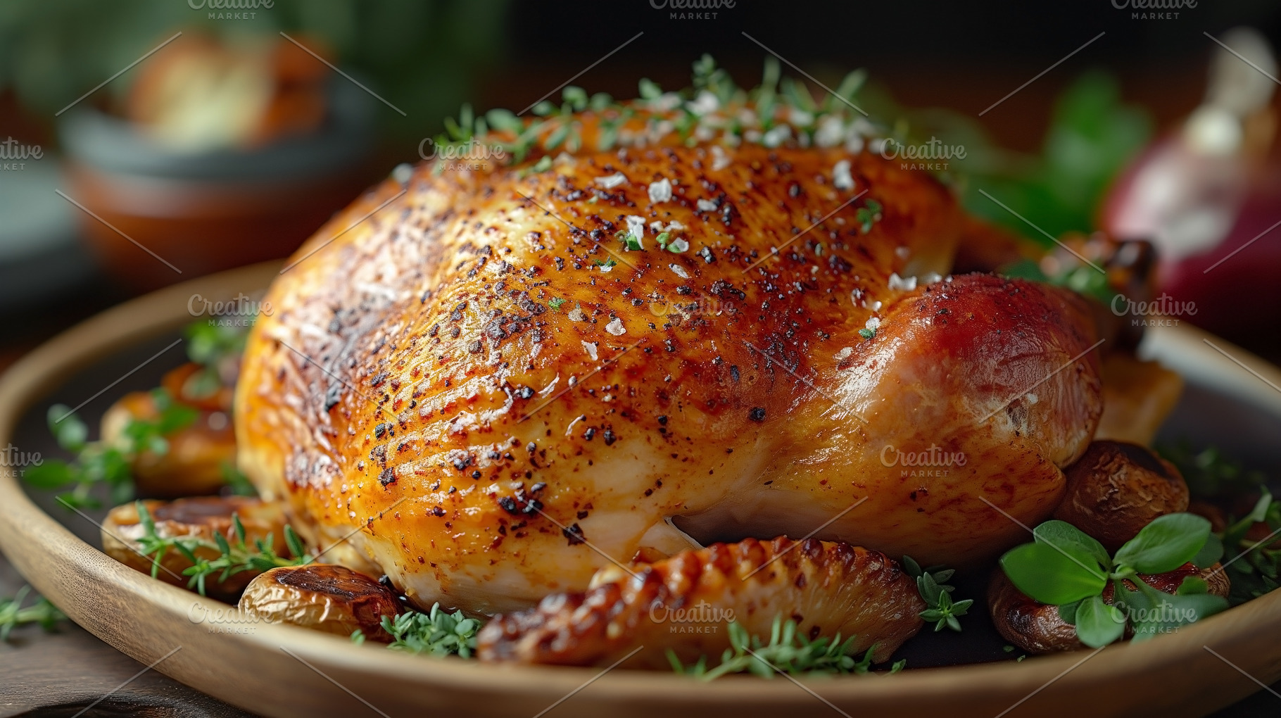 A beautifully roasted golden-brown chicken garnished with fresh, a Food & Drink Photo by ImageMir