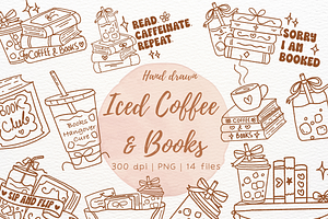Hand Drawn Iced Coffee & Book doodle
