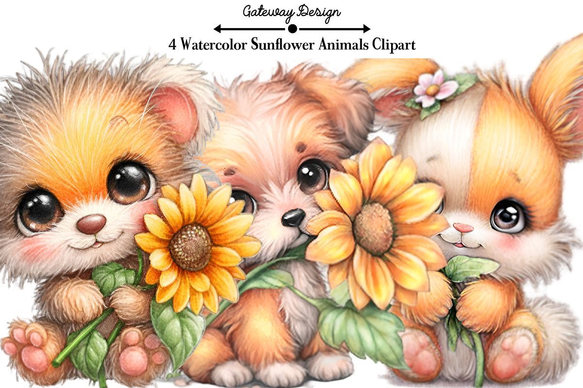 Watercolor Sunflower Animals Clipart, an Illustration by GatewayDesign (Photo 1 of 3)