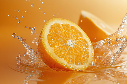 Sliced orange falling into water on orange background, a Food & Drink Photo by AlyaAnd
